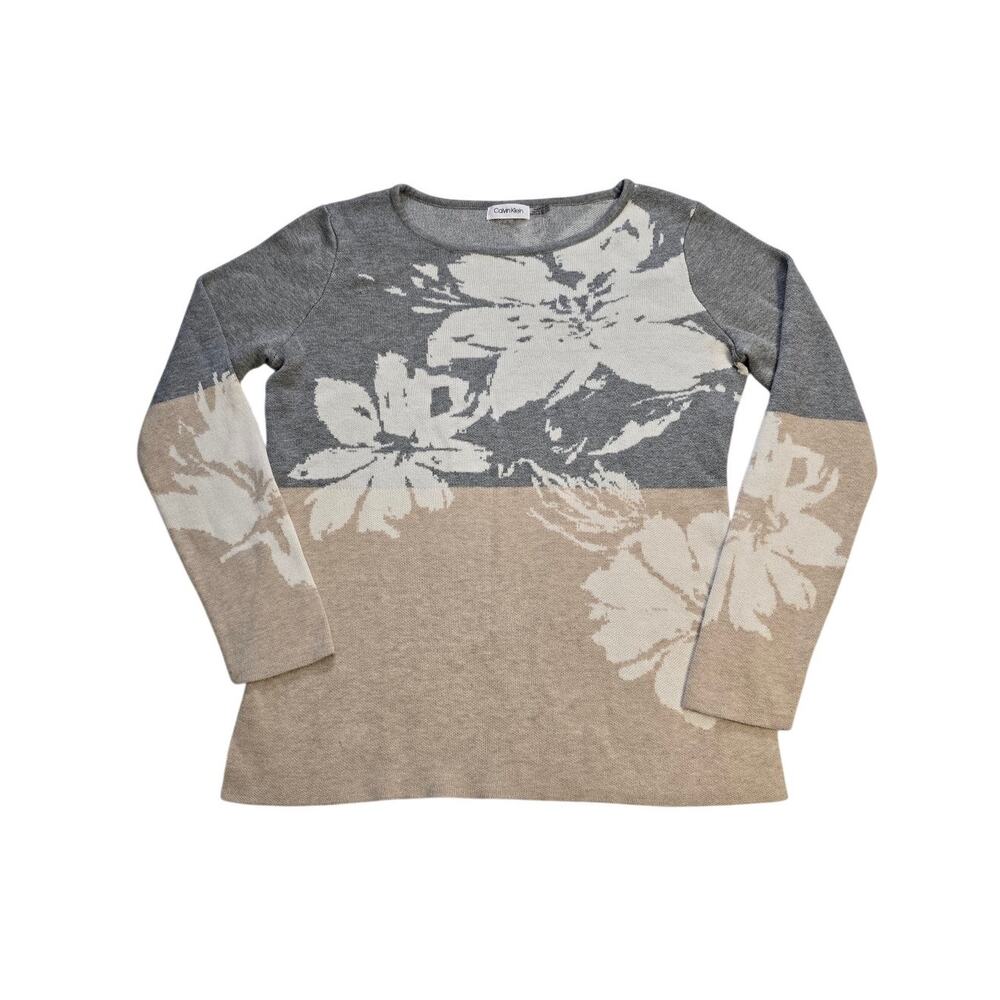 Calvin Klein Women M Floral Colorblock Knit Sweater Gray Beige Long Sleeve
